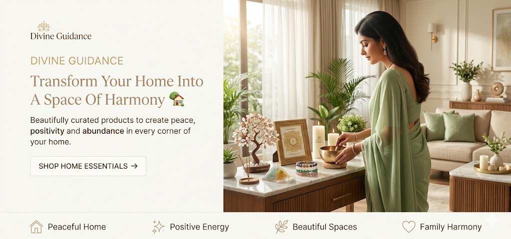 Premium spiritual products including crystal bracelets, crystal tree, vastu frame and gift boxes arranged beautifully for peace, love, prosperity, confidence and protection.