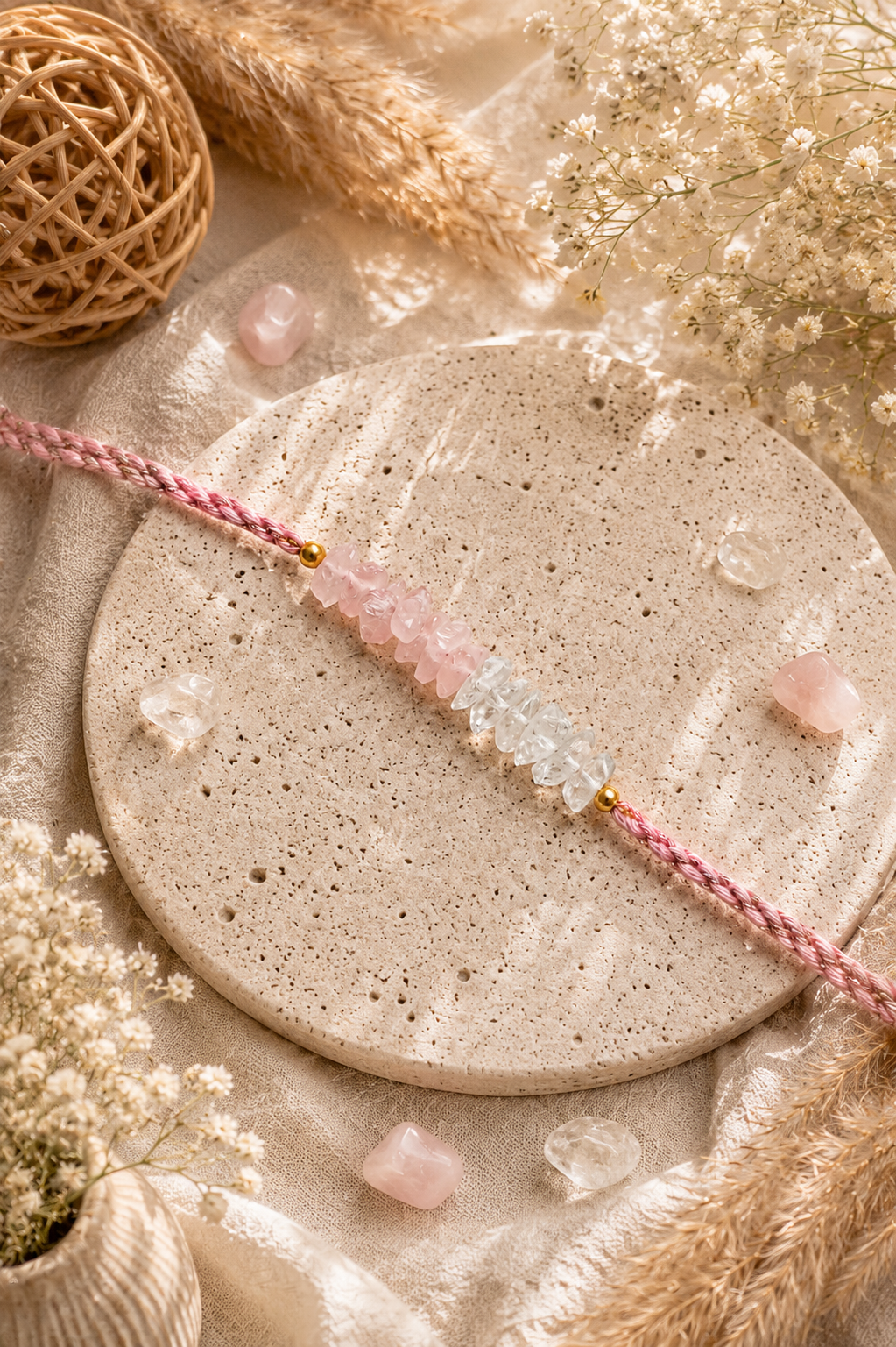 Love & Harmony Crystal Rakhi – Natural Rose Quartz & Clear Quartz Rakhi for Brother