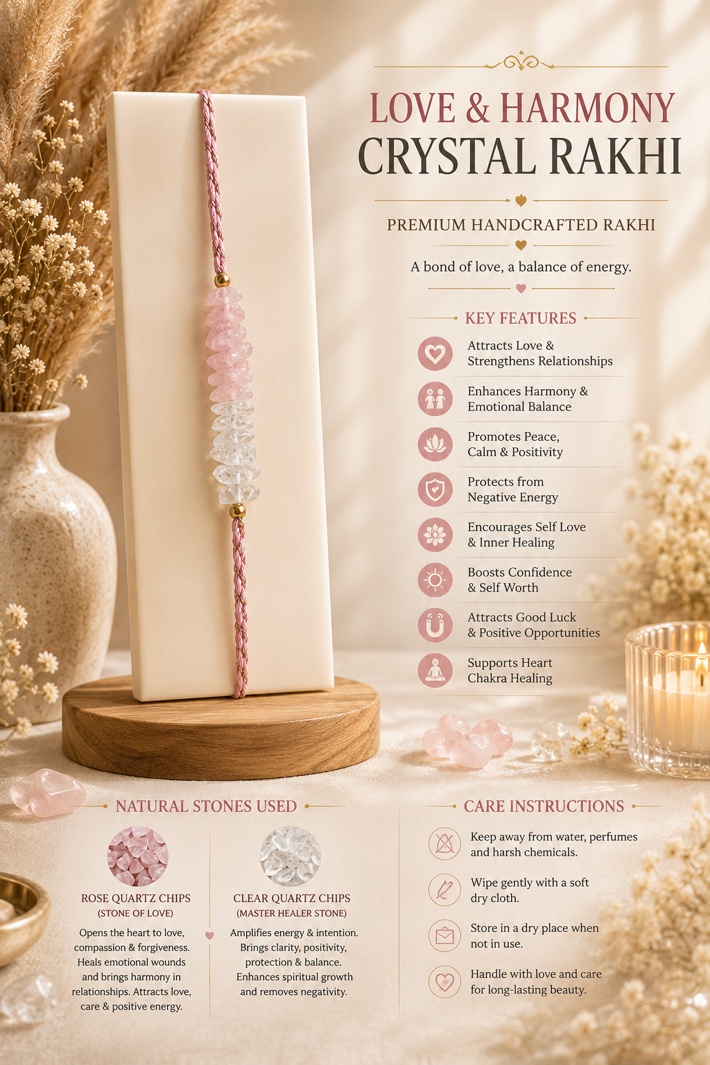 Love & Harmony Crystal Rakhi – Natural Rose Quartz & Clear Quartz Rakhi for Brother - Image 3