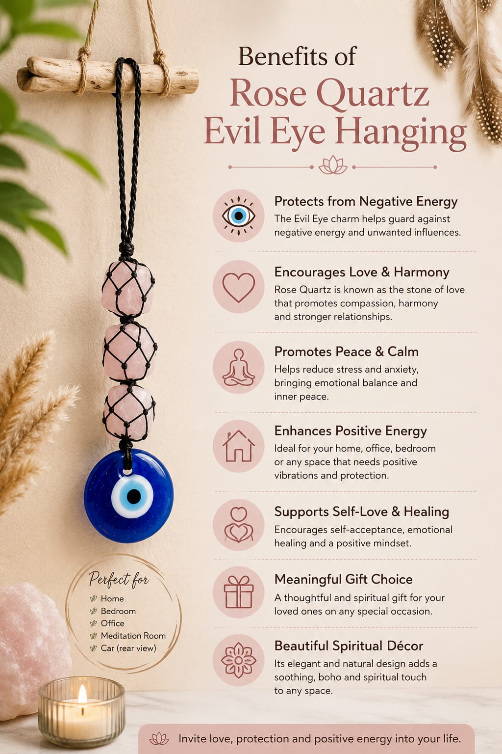 Rose Quartz Evil Eye Hanging - Image 2