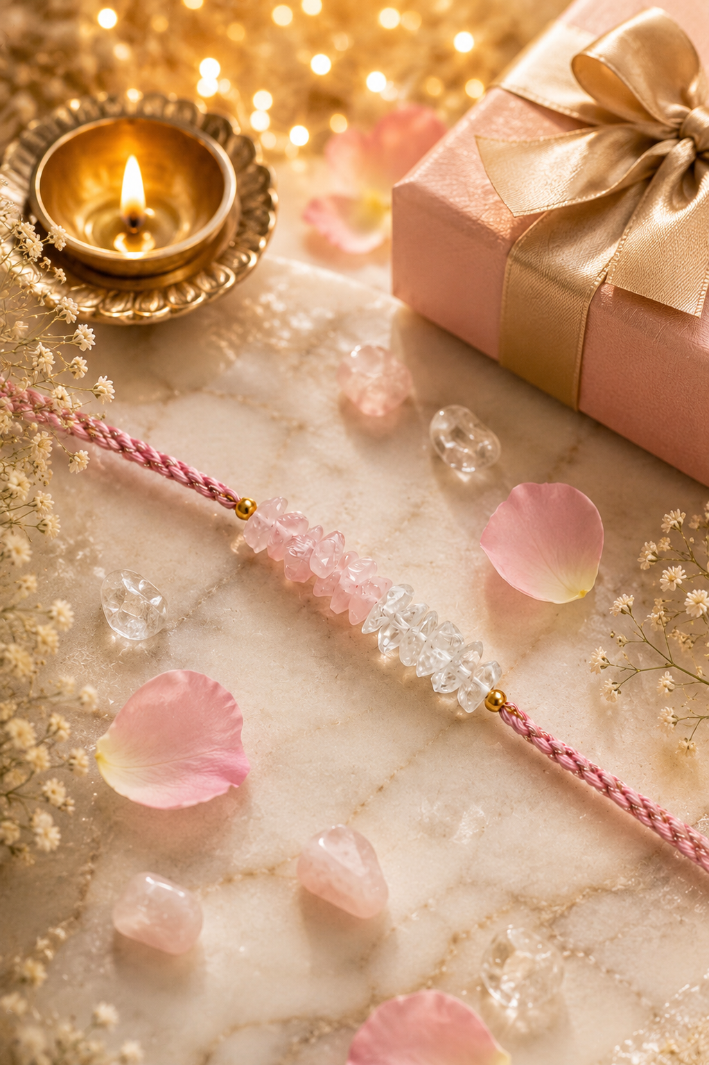 Love & Harmony Crystal Rakhi – Natural Rose Quartz & Clear Quartz Rakhi for Brother - Image 2